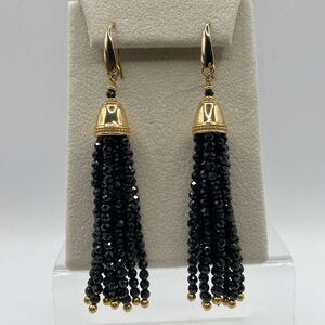 Bellezza 925 Gold Plated Black Spinel Beaded Tassel Dangle Earrings Pierced
